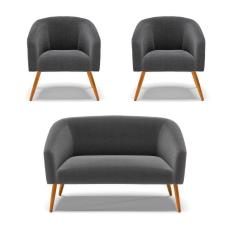 Imagem de Kit 1 Sofá Namoradeira E 2 Poltronas Stella Bouclê Grafite Pés Palito Castanho D`rossi