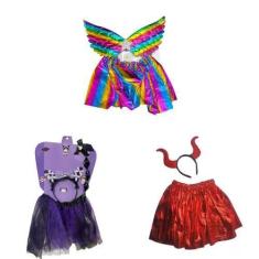 Imagem de Kit Fantasia Infantil Menina Com Asas Colorida Bruxinha Carnaval Tiara