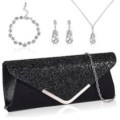 Imagem de Jadive Conjunto de 4 peças de bolsa feminina envelope para noite com strass, bolsa de mão de mão brilhante, bolsa de mão com lantejoulas e glitter para casamento, vintage, banquete, pulseira, conjunto de colar, Poliéster, poliéster