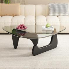 Imagem de Mesa de centro de vidro triangular, mesa final de vidro preto vintage, mesa final moderna com base de madeira maciça para sala de estar, pátio, escritório, pernas pretas + c, 114 × 82 × 40 c