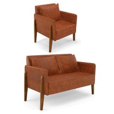 Imagem de Kit 1 Sofá Namoradeira e 1 Poltrona Lana Corano Nozes Base de Madeira - D`Rossi