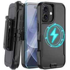 Imagem de MUITQ Capa magnética para iPhone 16, [compatível com MagSafe] [coldre com clipe de cinto], com 2 películas de vidro temperado, capa de telefone para iPhone 16 de 6,1 polegadas (clipe de cinto