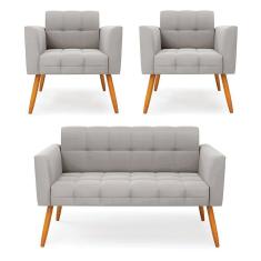 Imagem de Kit 1 Sofá Namoradeira e 2 Poltronas Elisa Veludo Pés Palito Castanho - D`Rossi