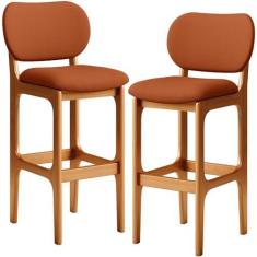 Imagem de Kit 02 Banquetas Alta Bar Cozinha Sala Jantar Fixa Betta L02 Imbuia Tecido Terracota - Lyam Decor