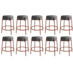 Imagem de Kit 10 Banquetas Alta Sintra 65cm Redonda Ferro Bronze Sintético Cinza - Ahazzo Móveis
