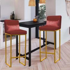 Imagem de Kit 02 Banqueta Alta com Encosto Lucca Industrial Cozinha Balcão Ferro Dourado Suede Vermelho e Almofada Rose Gold - Ahazzo Móveis