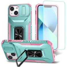 Imagem de Wanyuexes Capa para iPhone 12 Mini, capa para iPhone 13 Mini com protetor de tela de vidro temperado e capa de câmera deslizante, suporte giratório para carro, capa à prova de choque para iPhone 12