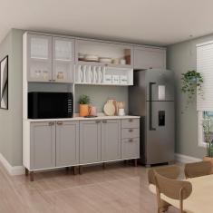 Imagem de Cozinha Completa Iluminata 8 Portas 3 Gavetas 100% Mdf com Vidro Branco/Marrom Claro/Mineral - Genialflex