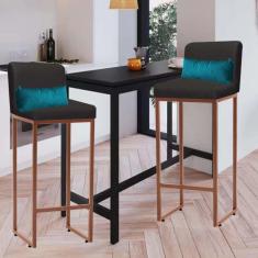 Imagem de Kit 02 Banqueta Alta com Encosto Lucca Industrial Cozinha Balcão Ferro Bronze Suede Cinza e Almofada Azul Turquesa - Ahazzo Móveis