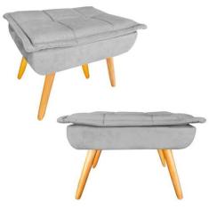 Imagem de Kit 02 Puff Banqueta Opala Suede Cinza Claro Pés Castanho Retrô para S
