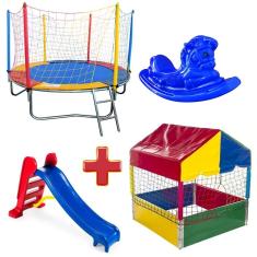 Imagem de Cama Elástica Pula Pula Trampolim 2,30m + Piscina de Bolinhas Quadrada 1,00m + Escorregador Médio + Gangorra 1 Lugar