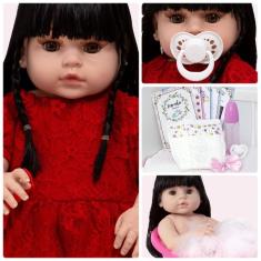 Imagem de Boneca Reborn Morena Corpo de Silicone Enxoval 13 Acessórios