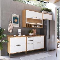 Imagem de Cozinha Compacta 200cm com 4 Peças Vidro Reflecta e 3 Gavetas 100% Mdf Vicenza Espresso Móveis Amêndoa/Branco