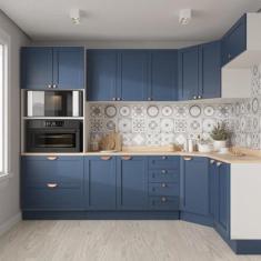 Imagem de Cozinha Modulada 7 Peças com Tampo 3 Aéreos 3 Balcões e Torre Quente Arizona Cabecasa Madeiramadeira Branco/azul