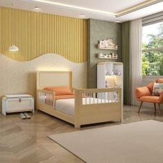 Imagem de Cama Solteiro Montessoriana Reversível,Estante 4 Nichos e LED, Sapateira 1 PT Infantil Wave Casatema Branco/Natural