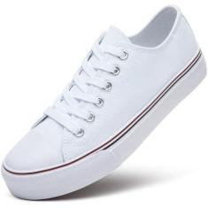 Imagem de ZGR Tênis feminino de lona de cano baixo, tênis de lona com cadarço, tênis branco casual, Branco, 35