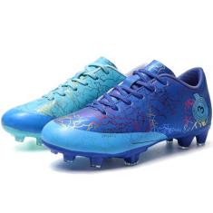 Imagem de DimaiGlobal Chuteira de futebol infantil para meninos e meninas, chuteiras de futebol para treinamento ao ar livre, tênis esportivo profissional, juvenil, grama, tênis unissex, Azul/turquesa, 16