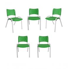 Imagem de Kit 5 Cadeiras Iso Para Escola Escritório Comércio Verde Base Branca
