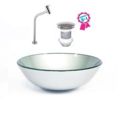 Imagem de Cuba De Vidro Redonda 31Cm Prata + Válvula Click + Torneira De Metal