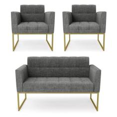 Imagem de Kit 1 Sofá Namoradeira E 2 Poltronas Elisa Linho Base Metálica Industr
