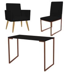 Imagem de Kit Escritório Stan Poltrona com Cadeira e Mesa Industrial Tampo Preto Bronze Corino Preto - Ahz Móveis