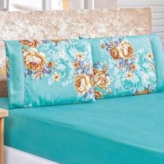 Imagem de Jogo De Lençol Real Queen 3 Peças Micropercal 200 Fios Ponto Palito Estampado - Azul Floral Jasmine
