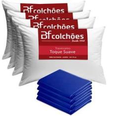 Imagem de Kit 4 Travesseiro Fibra Siliconada Lavável Antialérgico 50x70cm + 4 Capas Impermeável Hospitalar Courvin 50x70cm BF Colchões