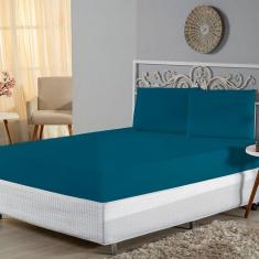 Imagem de Jogo De Lençol Casal Padrão Malha 100% Algodão 3 Peças Cor Azul Petróleo