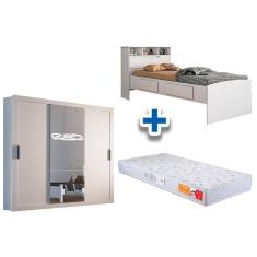 Imagem de Cama Solteiro Ravena + Colchão Orthocrin + Guarda Roupa Veneza Luxo Branco