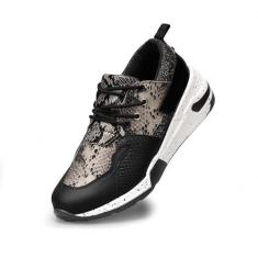 Imagem de LUCKY STEP Tênis feminino de salto alto, plataforma, estilo cliff, retrô, com cadarço, casual, Cobra preta/dourada, 37