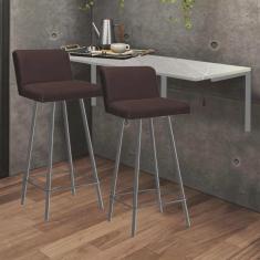 Imagem de Kit Mesa Suspensa de Parede Fixa mdf Marmorizado + 2 Banquetas Lexi Ferro Prata Suede Marrom - Ahazzo Móveis