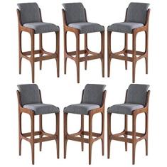 Imagem de Kit 6 Banquetas Alta Irlanda 45 x 101 Cm Madeira Maciça Imbuia Linho Cinza L55 - RMI