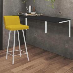 Imagem de Kit Mesa Suspensa de Parede Fixa mdf Preto + 1 Banqueta Lexi Ferro Branco Sintético Amarelo - Ahazzo Móveis