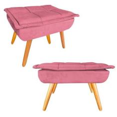Imagem de Kit 02 Puff Banqueta Opala Suede Rosa Pés Castanho Retrô para Sala Qua