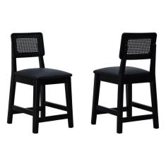 Imagem de Kit 2 Banquetas Baixa-cadeira Gabi Madeira Maciça Encosto Telinha Assento Estofado - Preto Assento Estofado Corano Preto
