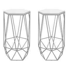 Imagem de Kit 02 Banqueta Alta Liz Hexágono Industrial Para Cozinha Ferro Cinza MDF Branco - Ahazzo Móveis