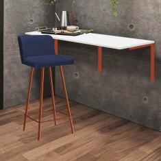 Imagem de Kit Mesa Suspensa de Parede Fixa MDF Branco + 1 Banqueta Lexi Ferro Bronze Sintético Azul Marinho - Ahazzo Móveis