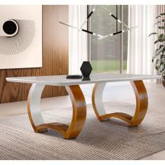 Imagem de Mesa em Madeira Maciça 220x110cm Tampo Vidro Bari Mobilare Cinamomo Imbuia/Off White