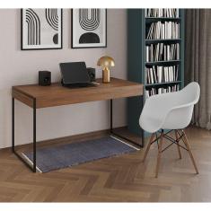 Imagem de Escrivaninha Home Office Estilo Industrial Malta Amêndoa 137x53cm Ferro Preto com 1 Poltrona Branca