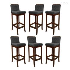 Imagem de Kit 6 Banquetas Alta para Ilha de Cozinha Nice Madeira Castanho Matelassê Suede Cinza CCS