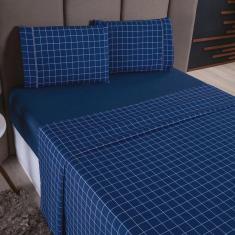 Imagem de Jogo de Cama Refúgio Solteiro Percal 100% Algodão Luxo 3 Pçs Grid Azul