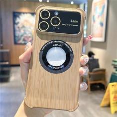 Imagem de Capa luxuosa de textura de grão de madeira magnética para iPhone 11 12 13 14 Pro Max 14 Plus Capa de proteção à prova de choque, cáqui, para iPhone 12