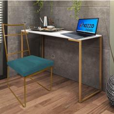 Imagem de Kit Escritório Stark Cadeira e Mesa Industrial Ferro Dourado Tampo MDF Branco Suede Azul Turquesa - Ahz Móveis