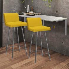 Imagem de Kit Mesa Suspensa de Parede Fixa MDF Marmorizado + 2 Banquetas Lexi Ferro Cinza Corino Amarelo - Ahazzo Móveis