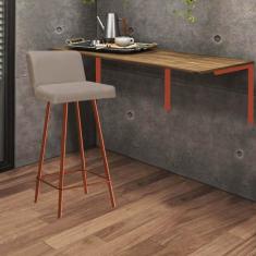 Imagem de Kit Mesa Suspensa de Parede Fixa MDF Castanho + 1 Banqueta Lexi Ferro Bronze Sintético Bege - Ahazzo Móveis