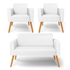 Imagem de Sofá Namoradeira Com 2 Poltronas Pés Palito Castanho Marisa Corino Branco D03 - D`rossi