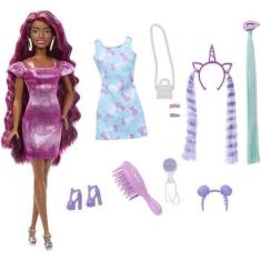 Imagem de Boneca Barbie com Acessrios Totally Hair Vestido Roxo Mattel HKT95