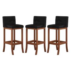 Imagem de Kit 3 Banquetas Média Encosto Estofado 38x90Cm Espanha Madeira Maciça Castanho Suede Preto CCS