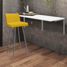 Imagem de Kit Mesa Suspensa de Parede Fixa MDF Branco + 1 Banqueta Lexi Ferro Cinza Sintético Amarelo - Ahazzo Móveis