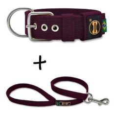 Imagem de Coleira Cachorro Grande Pit Bull + Guia 80cm (Vinho) Fit - Amorosso